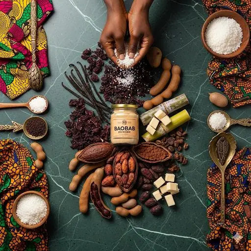 Top ventes : ingrédients exotiques autour d’un pot de poudre de baobab avec d'autres produits d'épicerie exotique